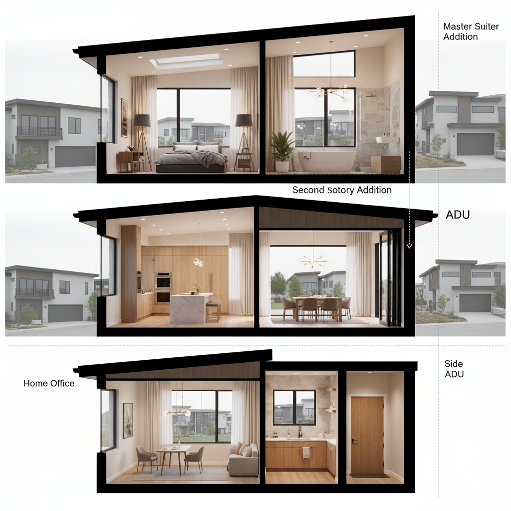 Structural-Home-Additions-Types-Salt-Lake-Custom-Builders Diagram showing various home addition types: Master Suite, Second Story Addition, ADU, and Kitchen Expansion by Salt Lake Custom Builders.